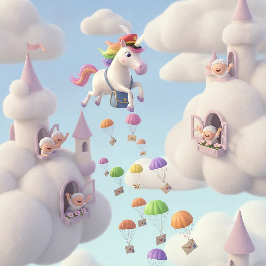 This enchanting coloring page features fluffy clouds and cheerful characters, making it fun for kids. Easy areas include the clouds and castles, while the unicorn and parachutes provide more detail.