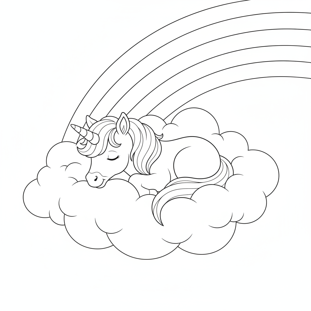 Cute Unicorn Sleeping on a Rainbow — Free Coloring Page for Kids