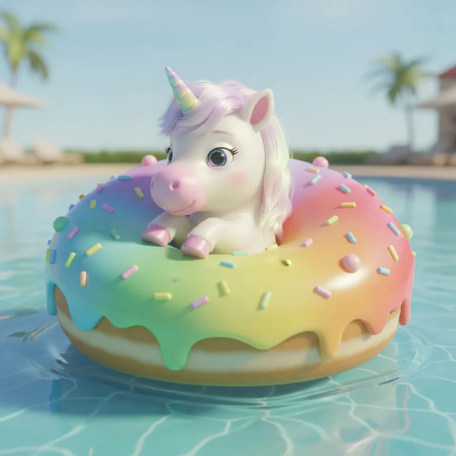 This coloring page features a cute unicorn lounging in a colorful float. The large areas of the float are easy to color, while the mane offers a fun challenge!