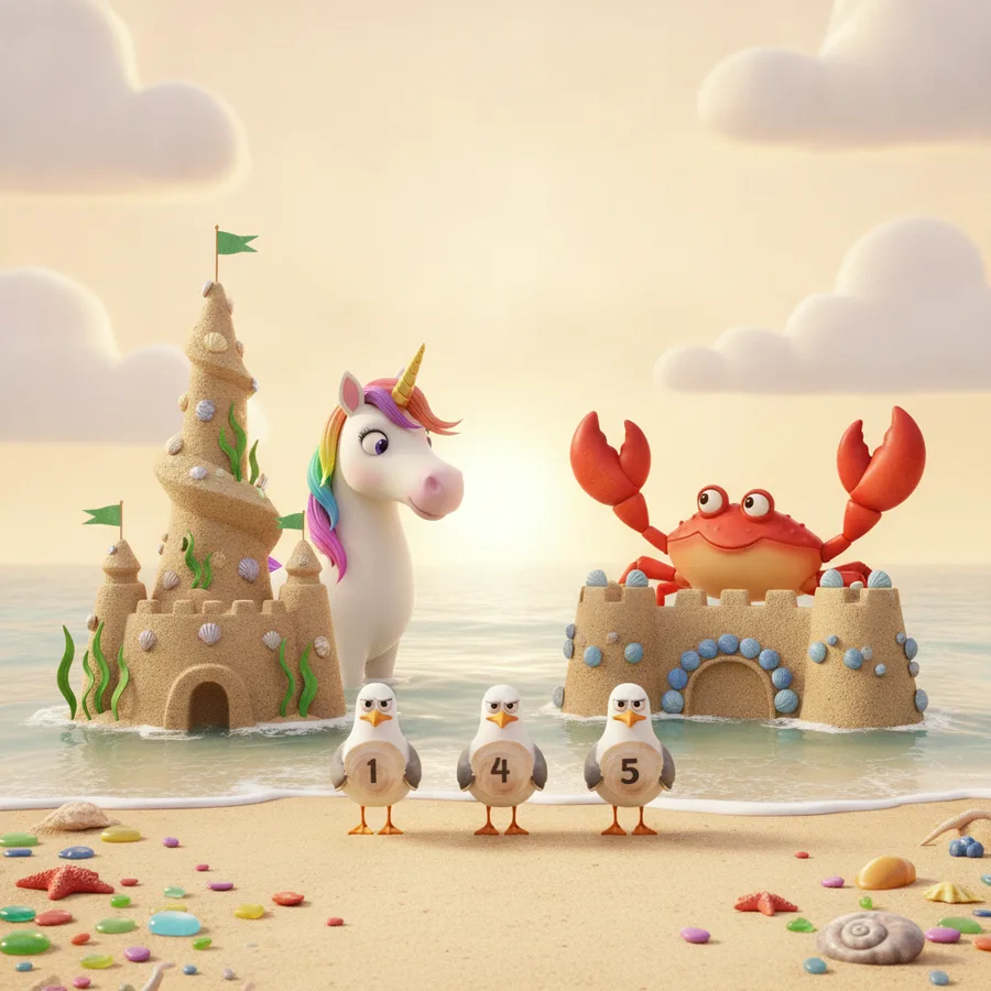 Diese Ausmalseite zeigt ein glückliches Einhorn und eine Sandburg, perfekt für fantasievolle Kinder. Einfache Bereiche sind der Sand und das Wasser, während die Mähne des Einhorns eine schöne Herausforderung bietet.