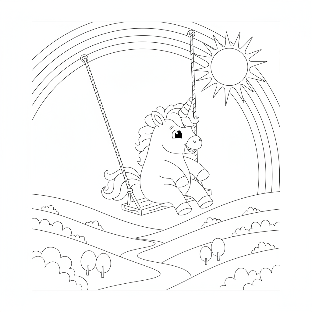 Unicornio Alegre en un Columpio — Dibujos de Unicornio para Colorear — Gratis para Imprimir