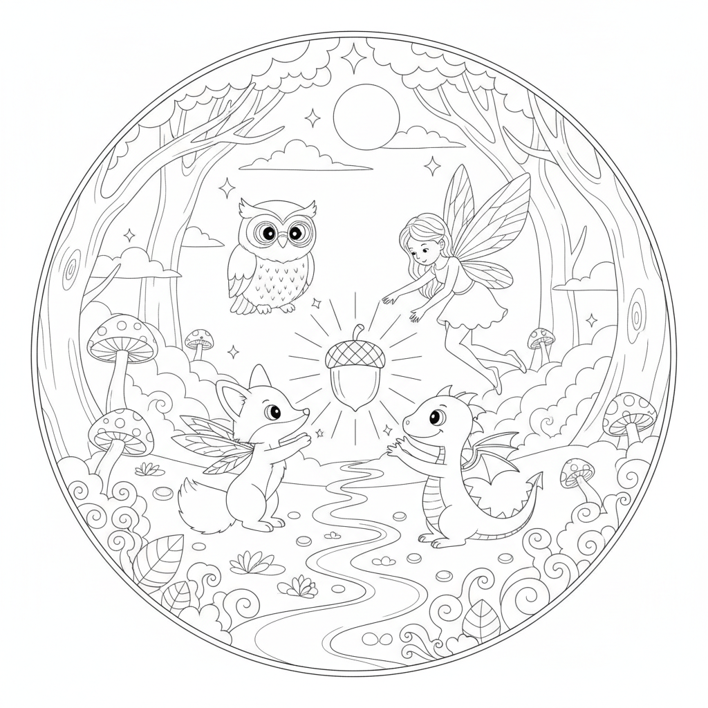 Whimsical Forest with a Playful Dragon — Free Coloring Page for Kids
