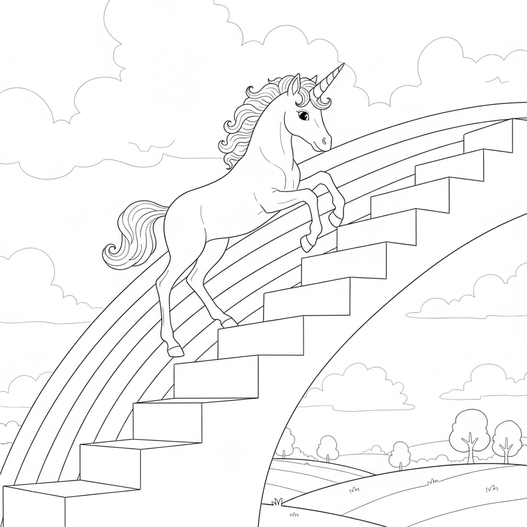 Unicórnio Fofo Subindo Escadas Coloridas — Desenho de Unicórnio para Colorir — Grátis