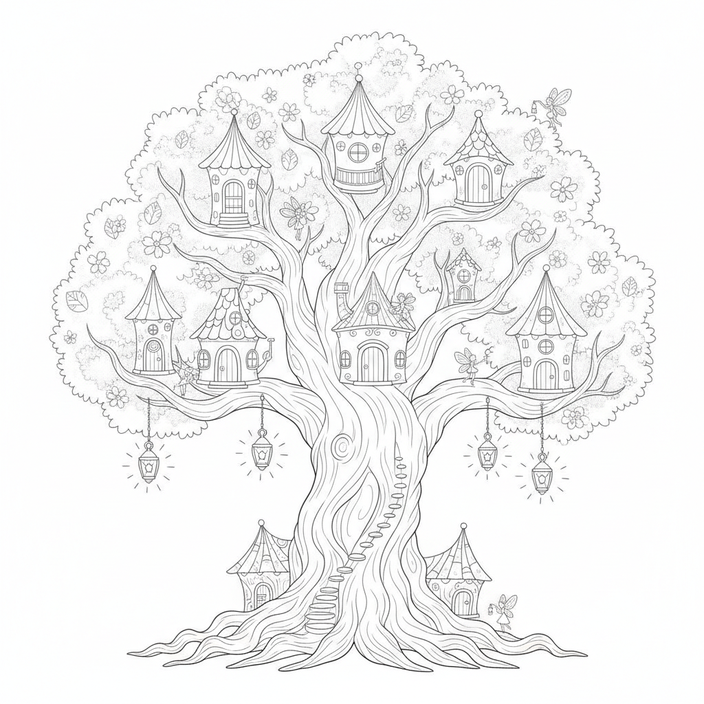 Zauberbaum mit Pilzhäusern — Ausmalbild Kostenlos Ausdrucken