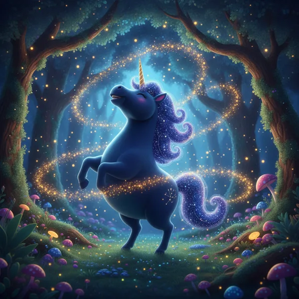 Whimsical Blue Unicorn in a Magical Forest — Free Coloring Page for Kids