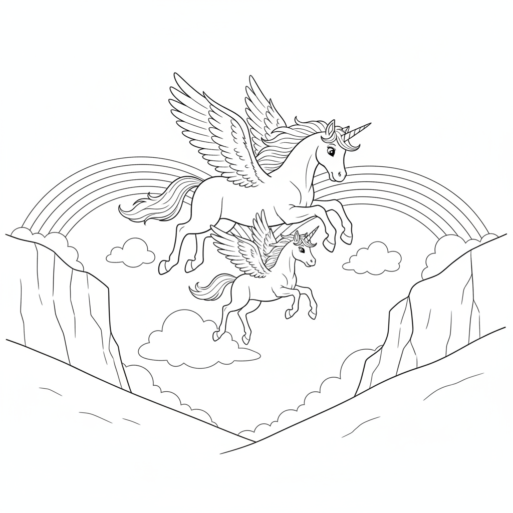 Licornes ailées dans un paysage lumineux — Coloriage Licorne — Gratuit à Imprimer