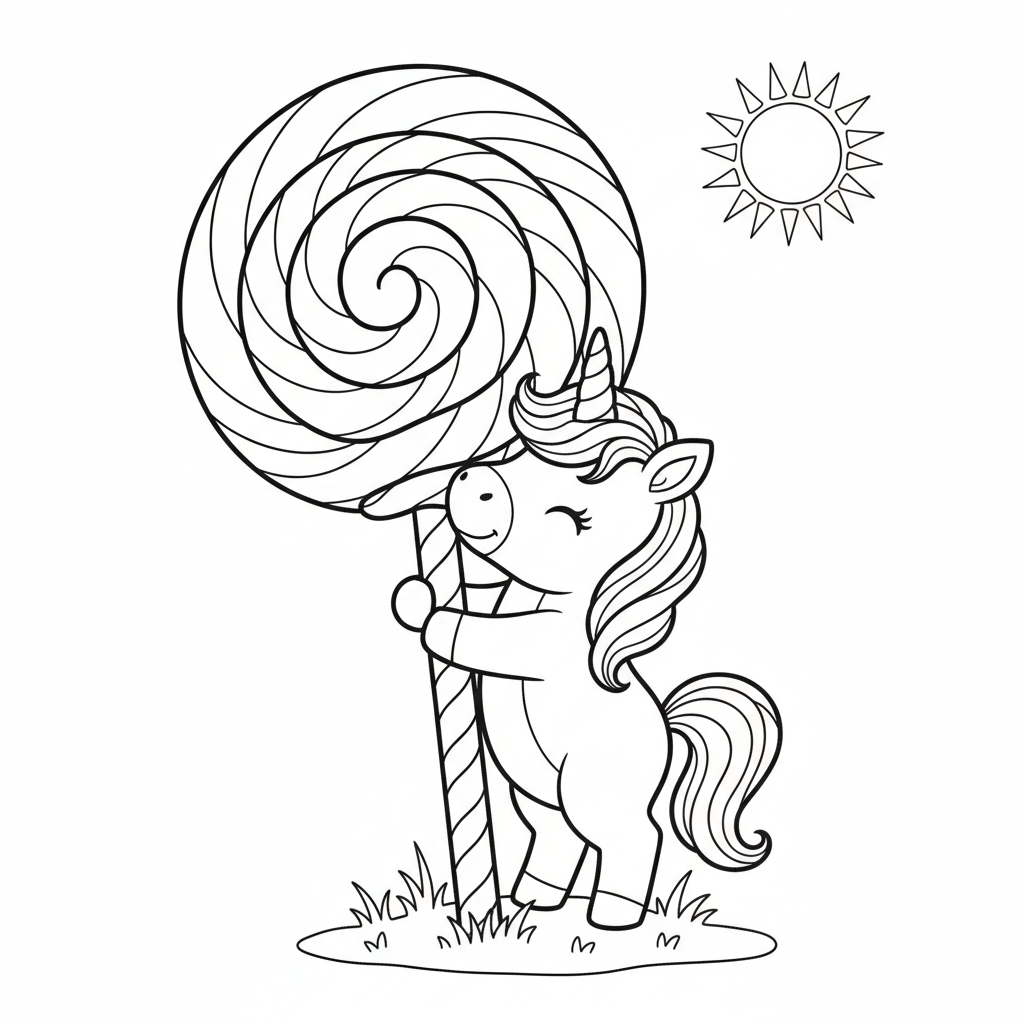 A Cute Unicorn Hugging a Rainbow Lollipop — Free Coloring Page for Kids