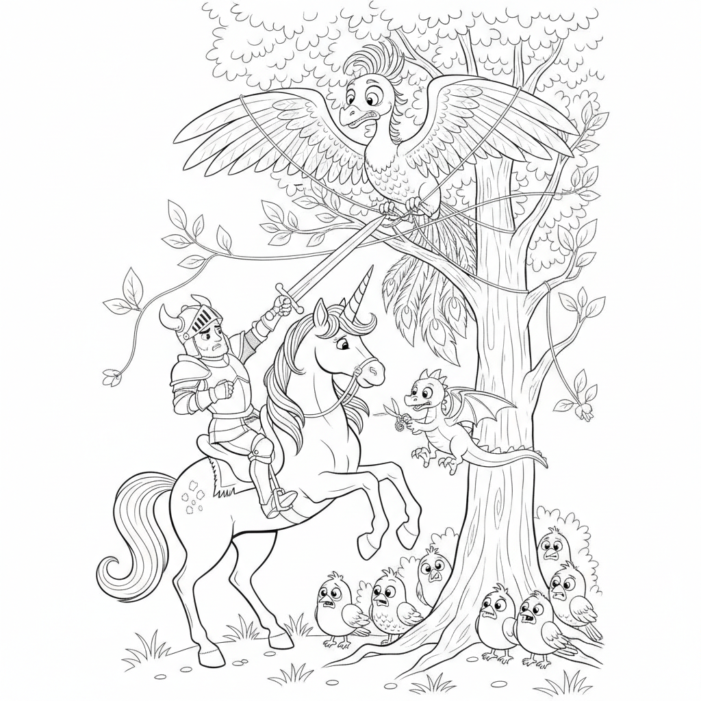 Ritterliche Einhorn und Drache — Einhorn Ausmalbild — Kostenlos Ausdrucken