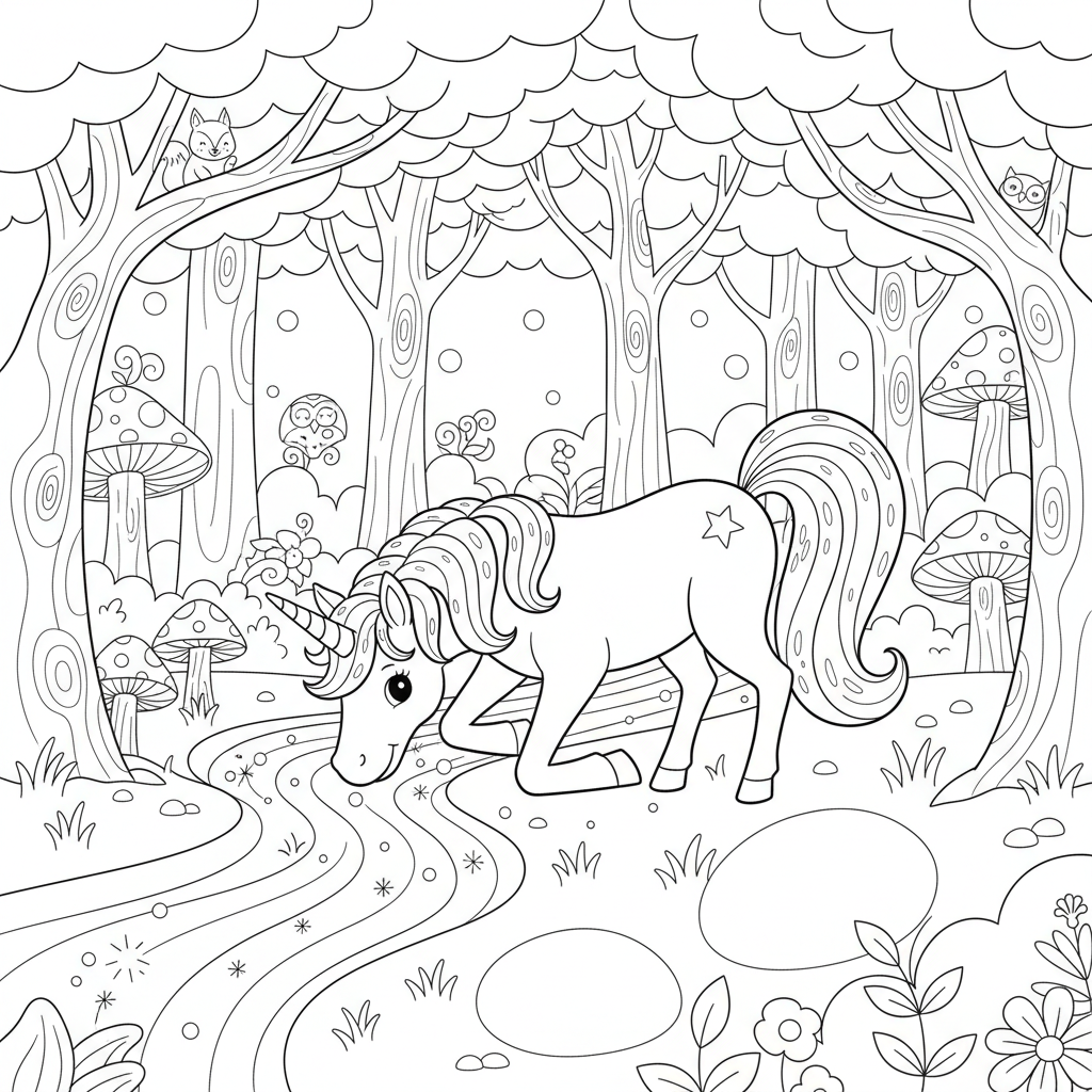 Rainbow Unicorn Stream — Free Printable Coloring Page for Kids coloring page