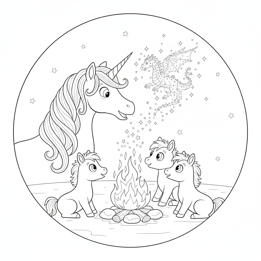 Whimsical Unicorns Gathered Around a Campfire — Free Coloring Page for Kids