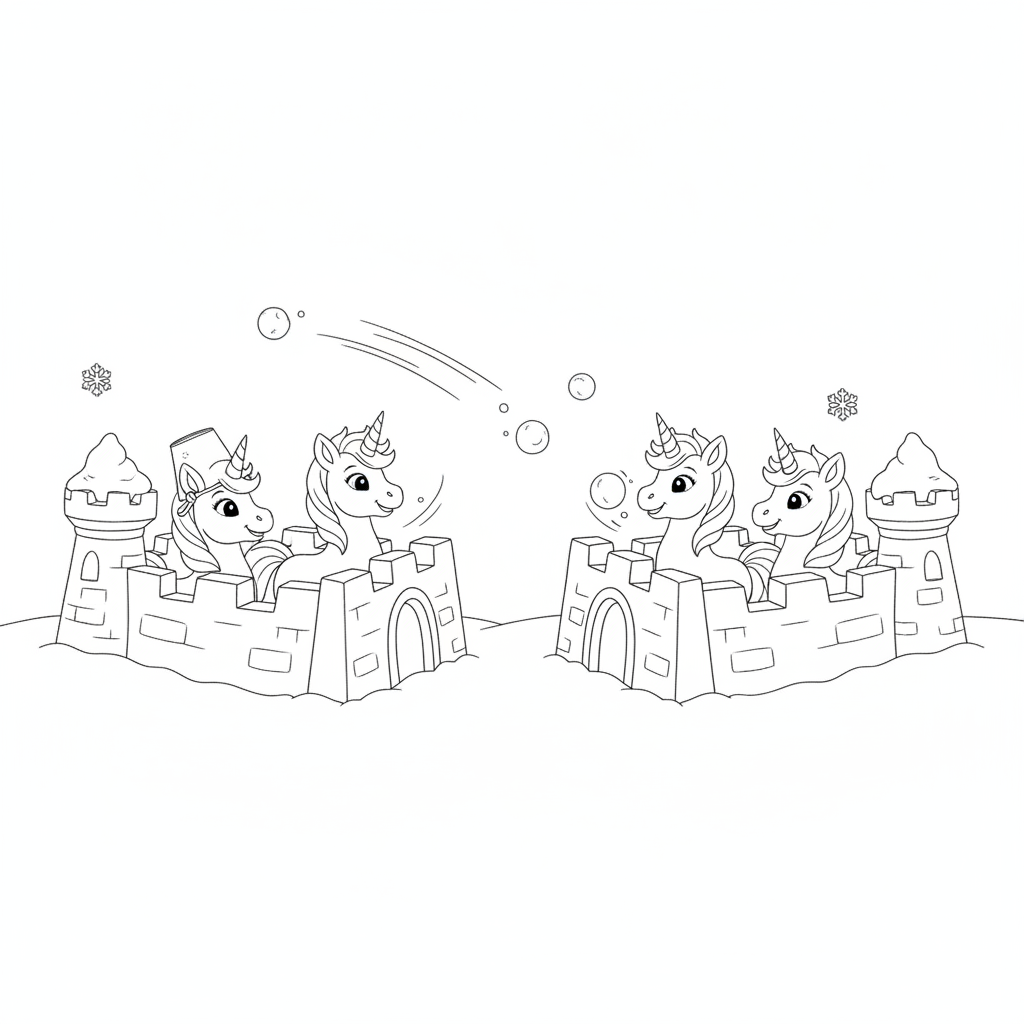 Playful Unicorns in a Snowball Fight — Free Coloring Page for Kids