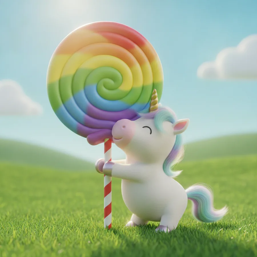 This coloring page features an easy-to-color unicorn and a large lollipop, with wide open spaces. The rainbow and background offer some fun details to enhance creativity.