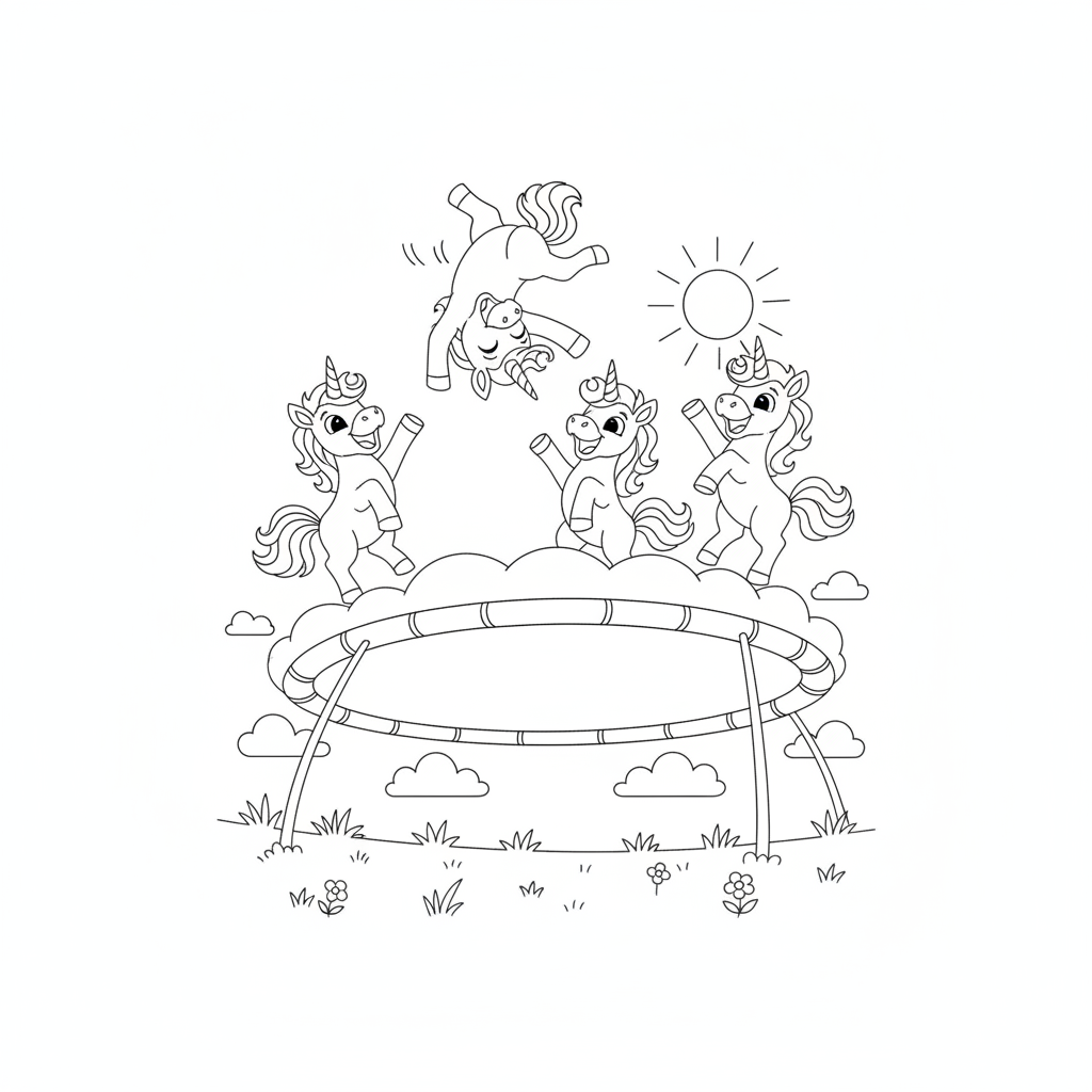 Quatre Licornes Joyeuses sur un Trampoline Nuage — Coloriage Licorne — Gratuit à Imprimer