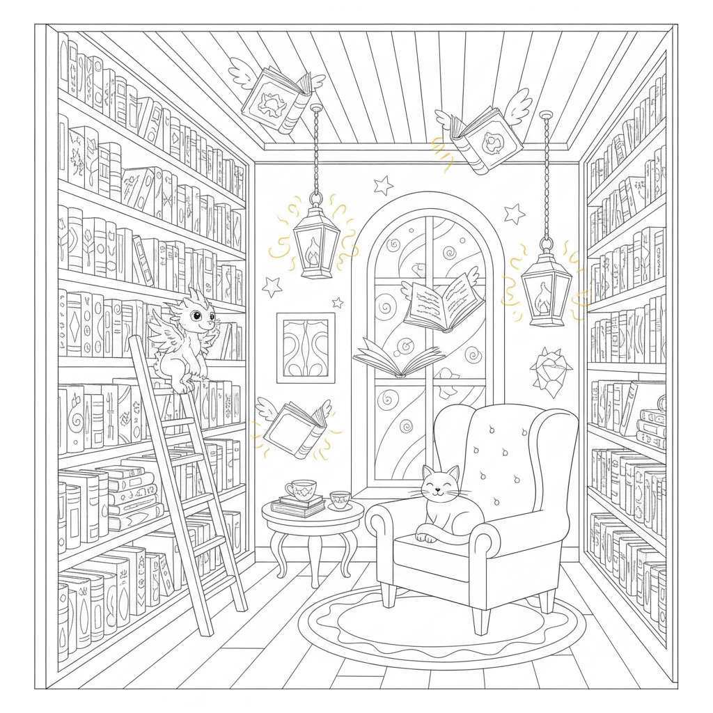 Biblioteca mágica cheia de livros — Desenho de Biblioteca para Colorir — Grátis