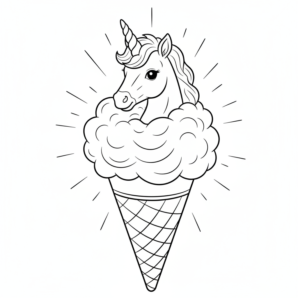 Whimsical Unicorn with Cotton Candy — Free Coloring Page for Kids
