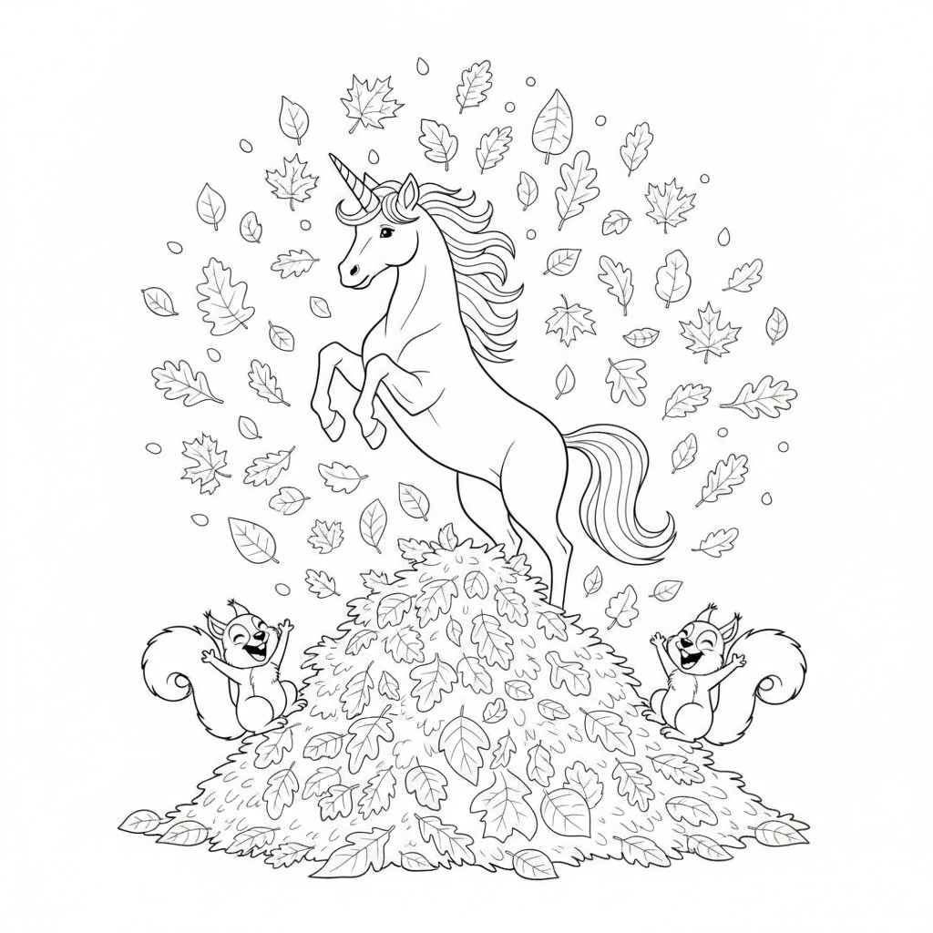 Cheerful Unicorn with Autumn Leaves — Free Coloring Page for Kids