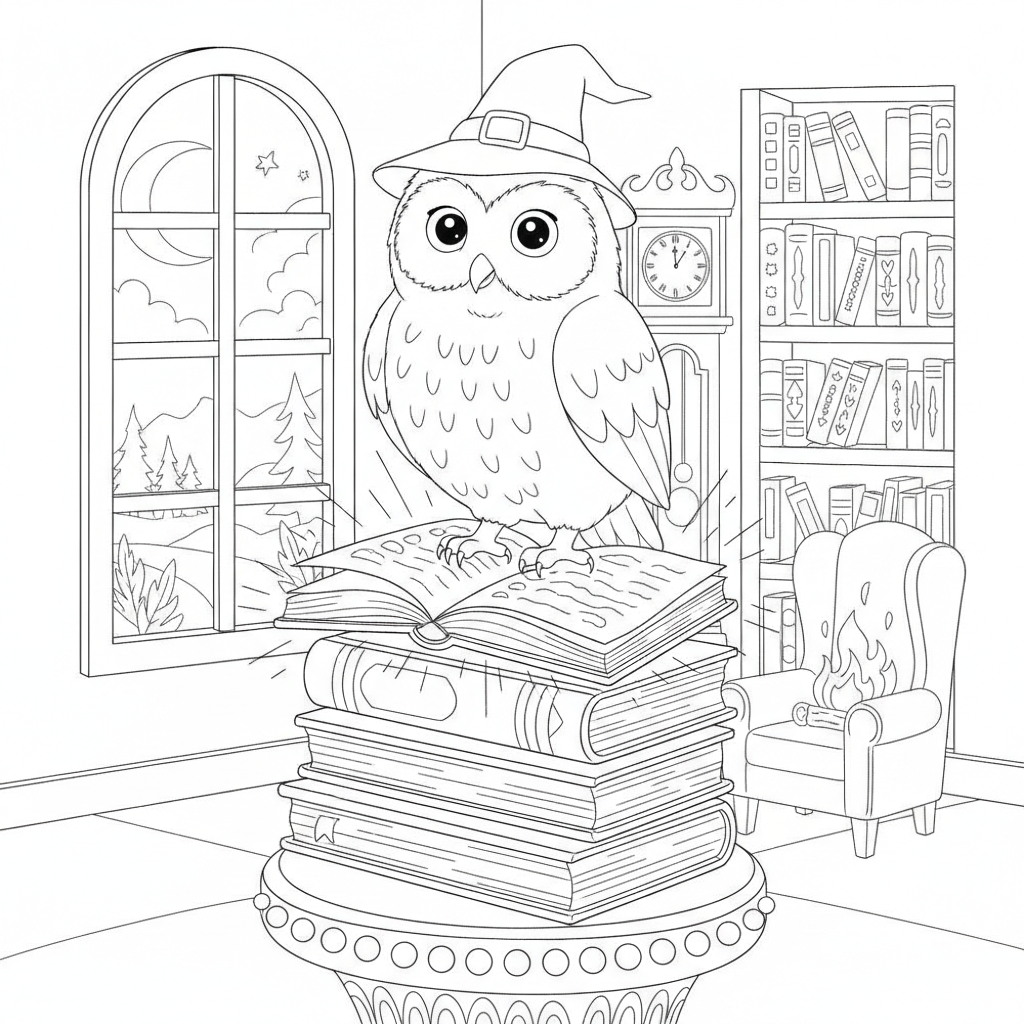 A cozy library with a wise magic owl — Free Coloring Page for Kids