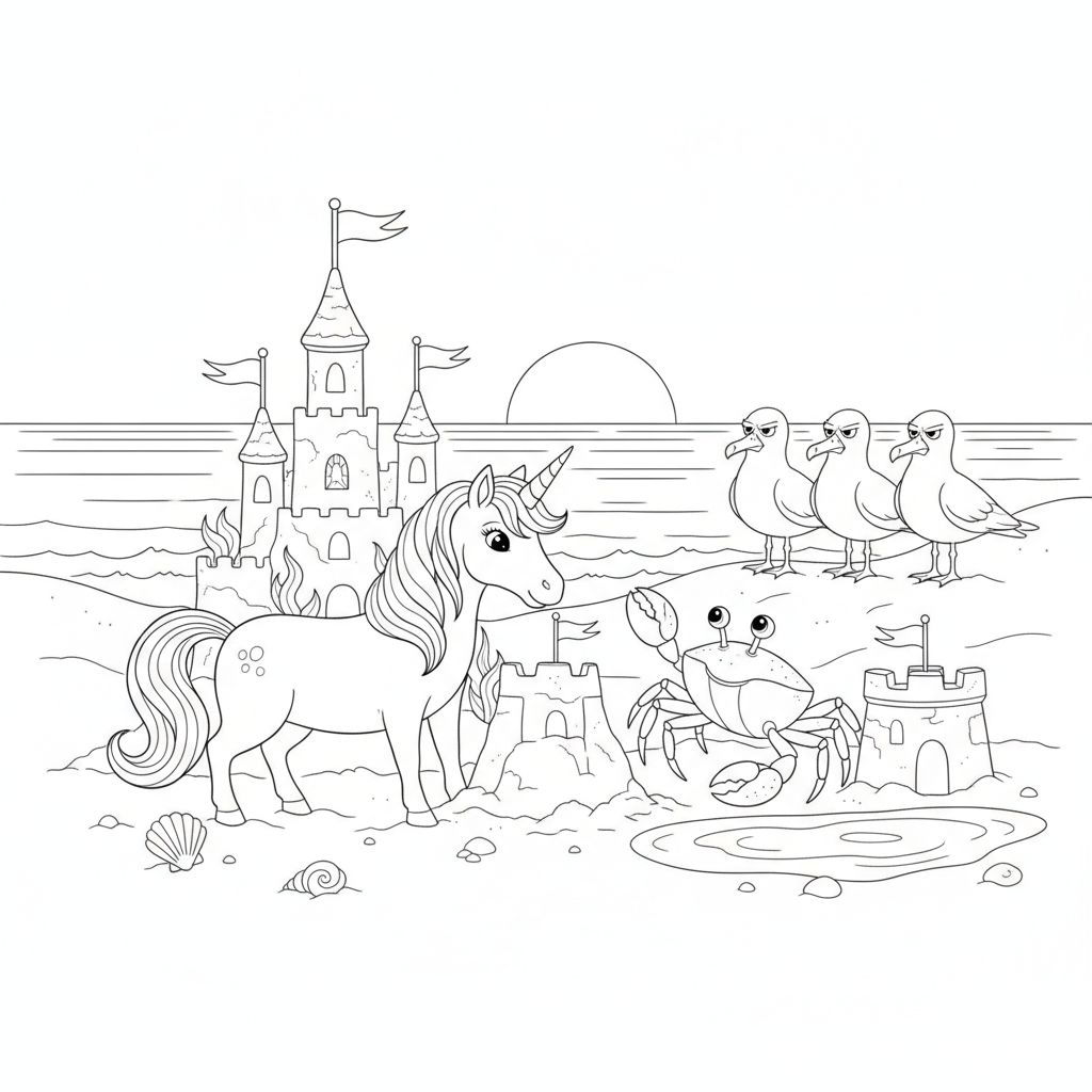 Verspielter Strand mit einem Einhorn — Einhorn Ausmalbild — Kostenlos Ausdrucken