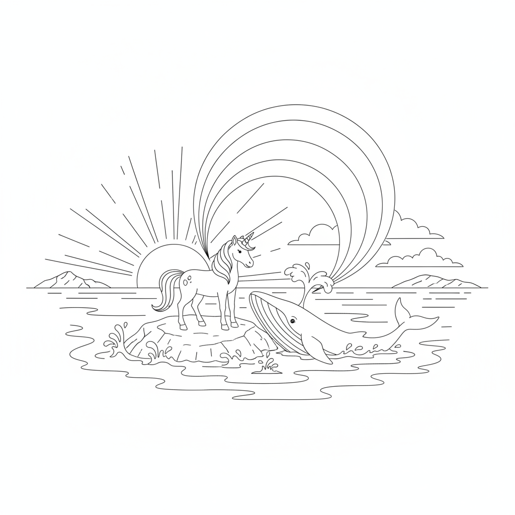 Whimsical Unicorn and Friendly Whale — Free Coloring Page for Kids