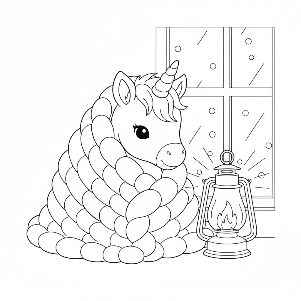Cozy Unicorn by a Lantern — Free Coloring Page for Kids