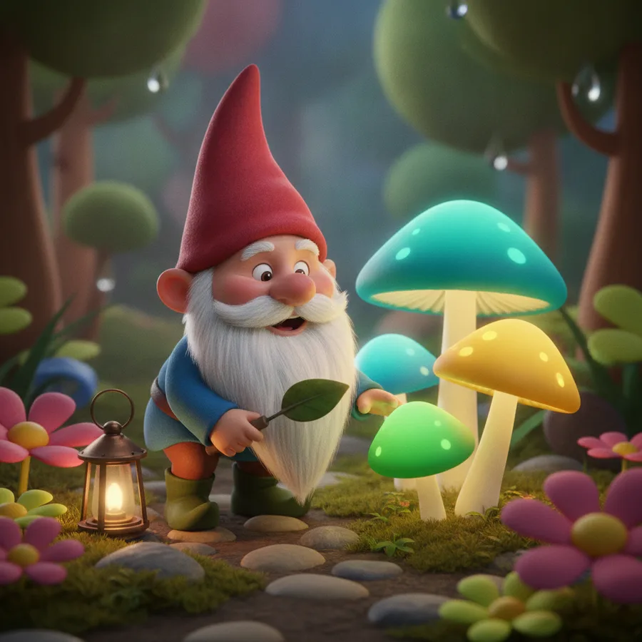 Diese Ausmalseite zeigt einen fröhlichen Gnom mit einem roten Hut in einem magischen Wald. Die großen Pilze und Blumen sind einfach auszumalen, während die Details des Gnomes eine lustige Herausforderung bieten!