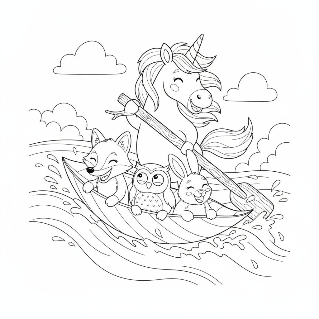 Fröhliches Einhorn im Regenbogenboot — Einhorn Ausmalbild — Kostenlos Ausdrucken