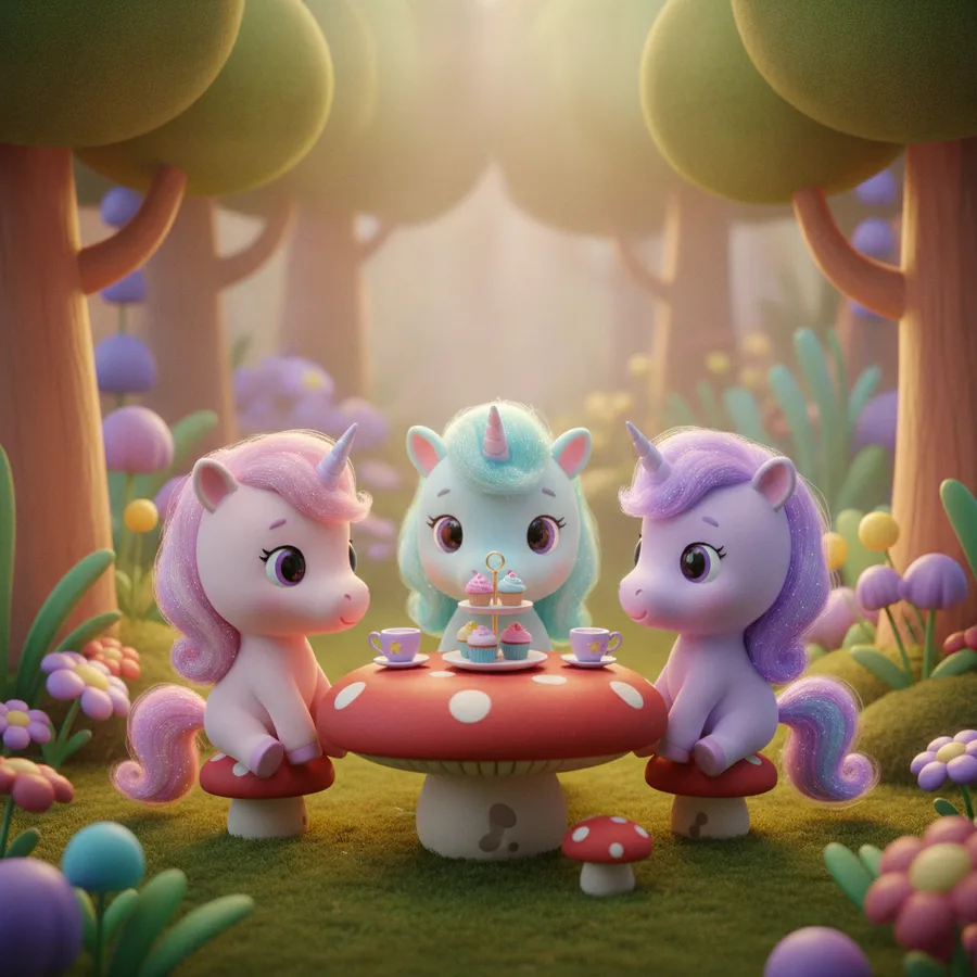 This enchanting scene features three adorable unicorns enjoying a delightful tea party. The large mushroom table and colorful cupcakes offer fun and easy areas to color, while the unicorns' manes provide a bit more of a challenge.