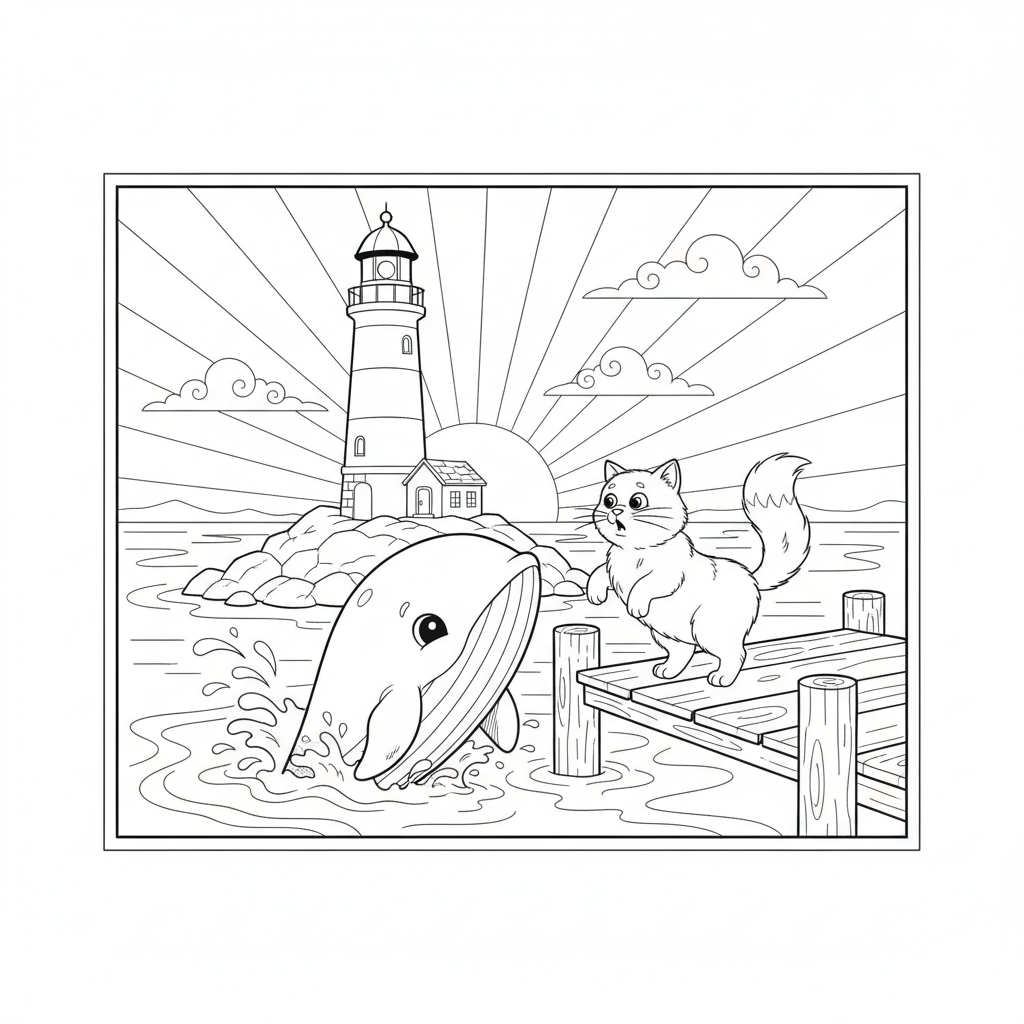 Whimsical Sunset Scene with Rainbow Whale — Free Coloring Page for Kids