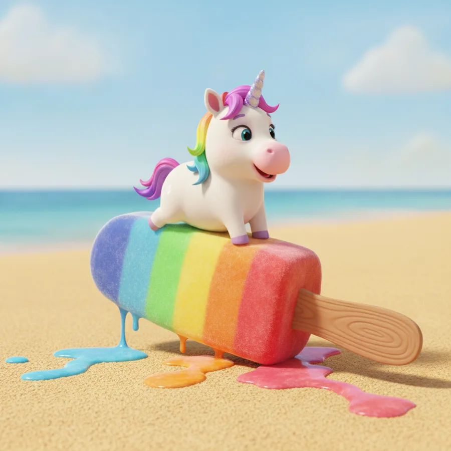 This coloring page features a cute unicorn on a melting rainbow popsicle. The large areas are easy to color, while the popsicle's details offer a fun challenge.