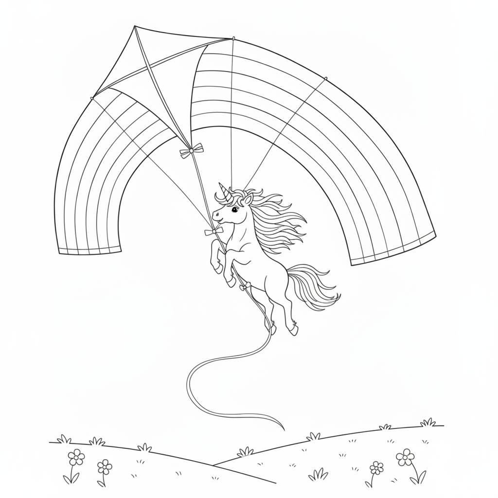 Cheerful Unicorn Flying a Rainbow Kite — Free Coloring Page for Kids