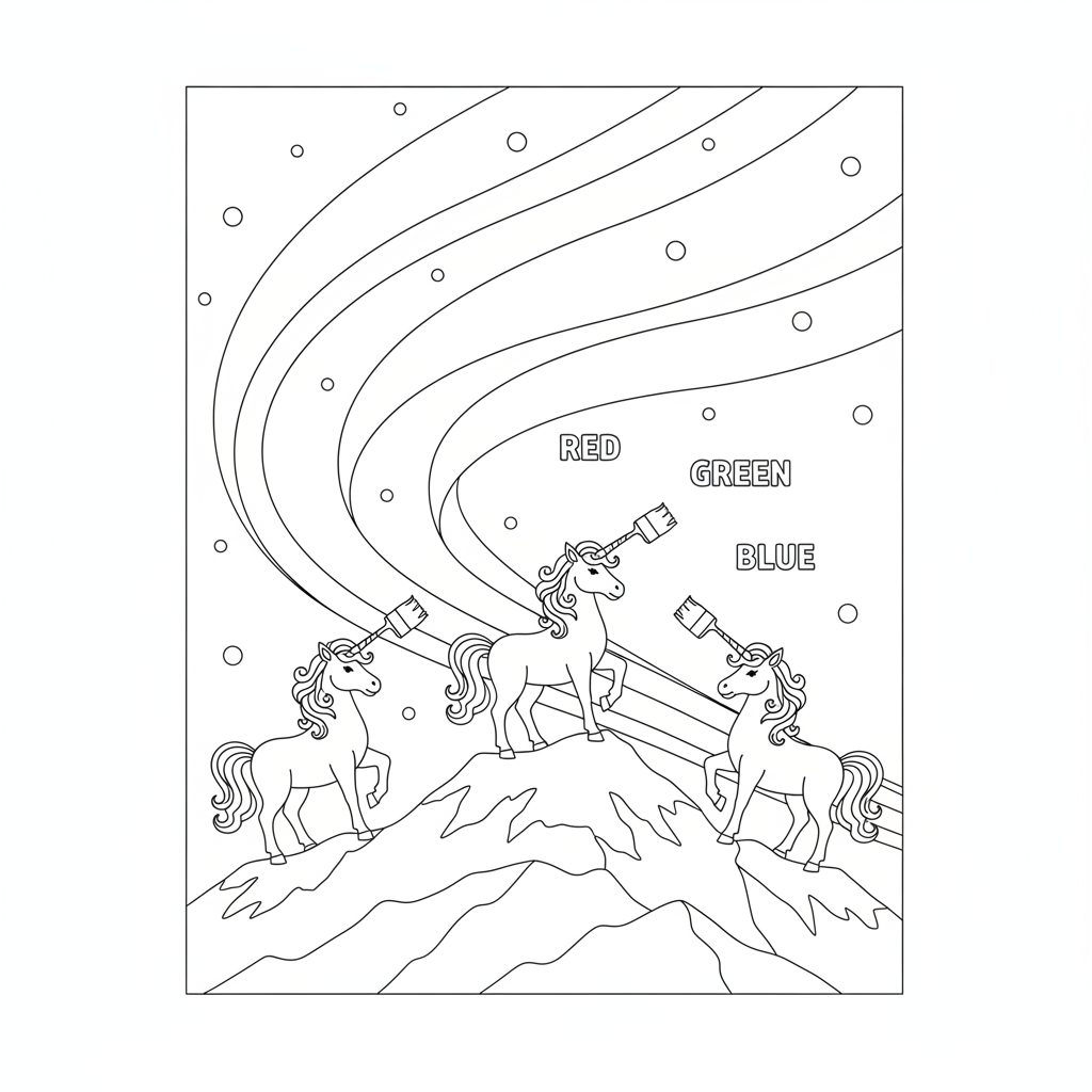 Trois Adorables Licornes sur une Colline enneigée — Coloriage Licorne — Gratuit à Imprimer