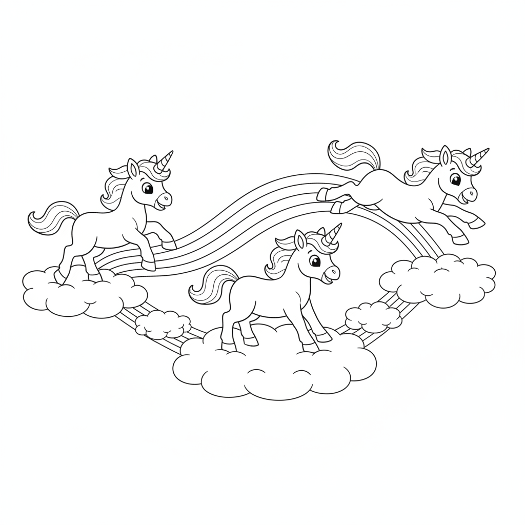 Three Unicorns Leaping Over a Rainbow — Free Coloring Page for Kids