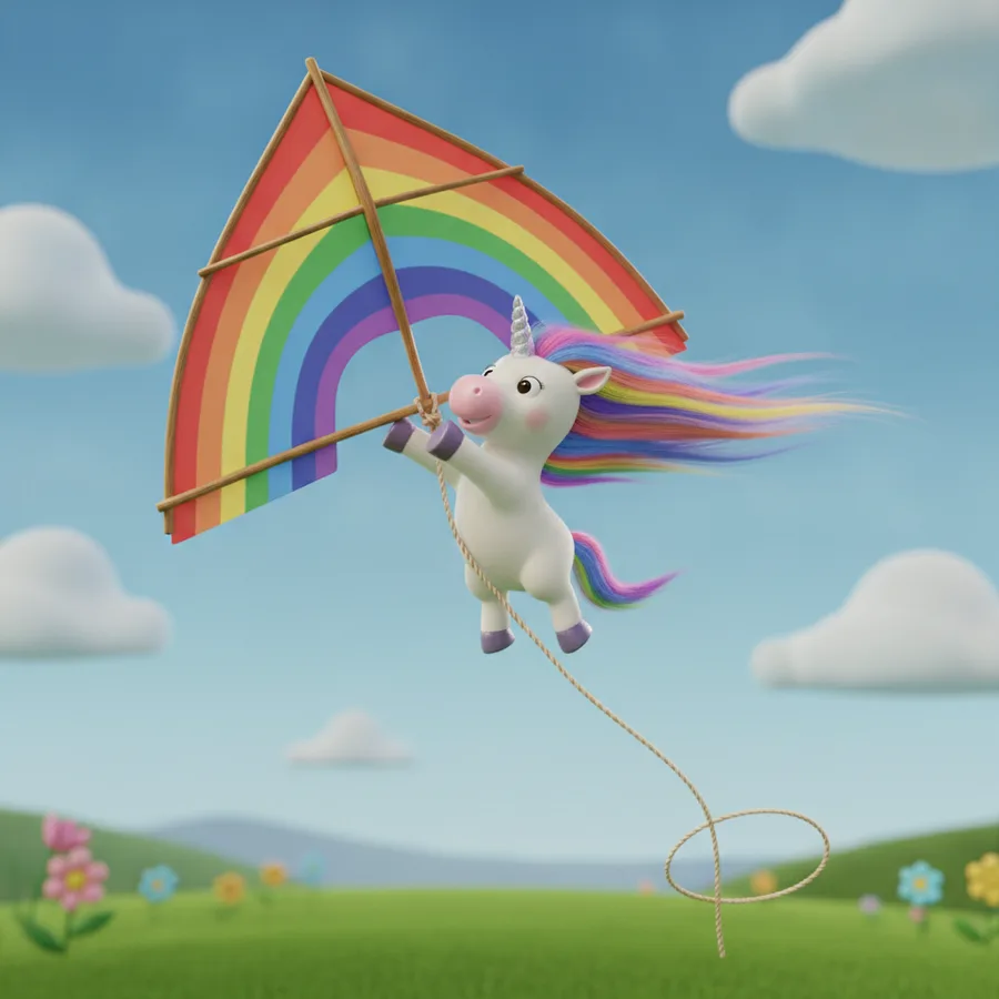 This coloring page features a cheerful unicorn with a multicolored mane and a rainbow kite. The large areas of the sky and hills are easy to color, while the flowers provide a fun challenge.