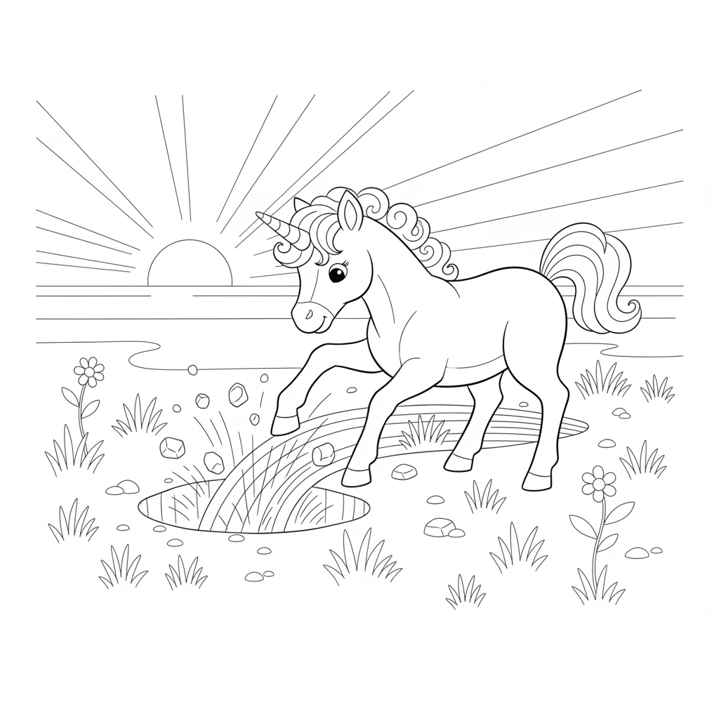 Süßes Einhorn Springt über einen Hügel — Einhorn Ausmalbild — Kostenlos Ausdrucken