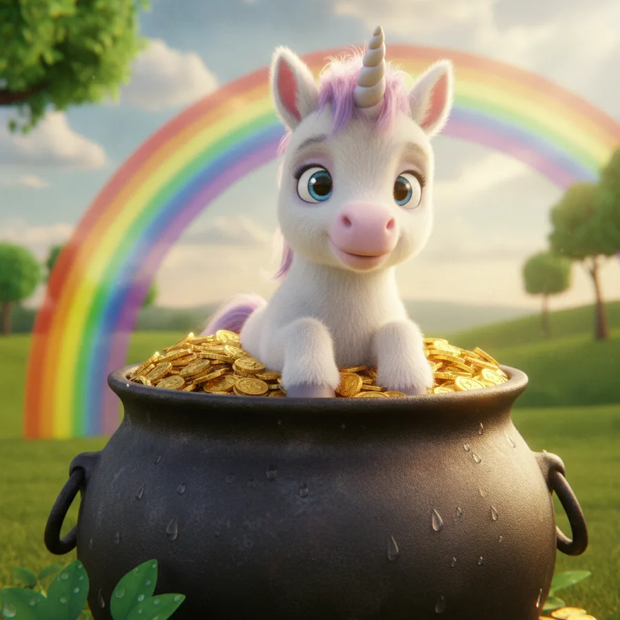This coloring page features a delightful unicorn surrounded by gold coins and a vibrant rainbow. The large areas of the pot and background are easy to color, while the unicorn's mane offers a fun challenge.