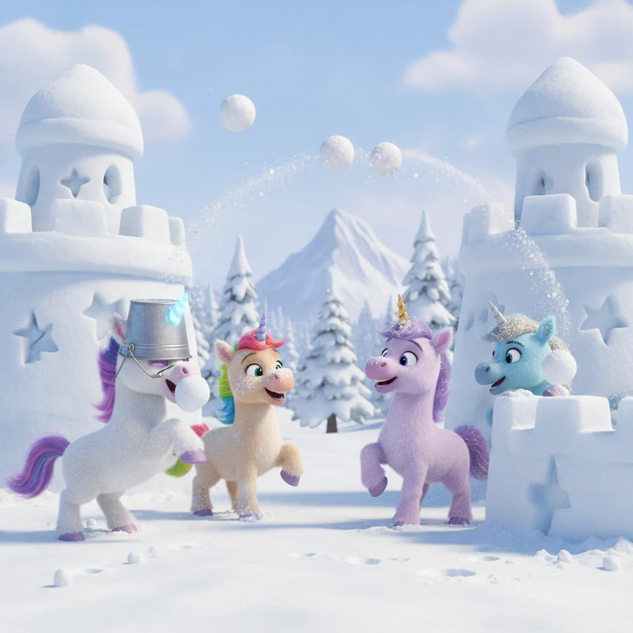 This coloring page features four unicorns having a cheerful snowball fight in a snowy landscape. Easy areas include the snow and trees, while the unicorn details offer a fun challenge.