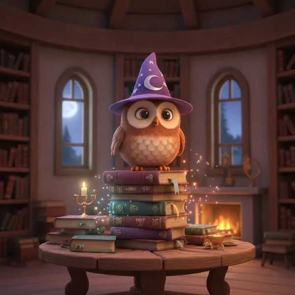 Una biblioteca acogedora con un búho sabio — Dibujos de Búhos para Colorear — Gratis para Imprimir