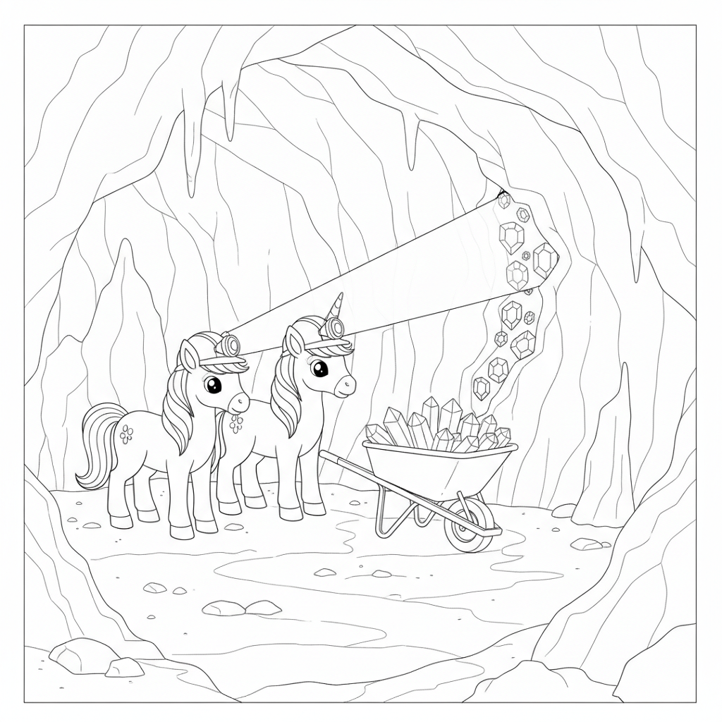 Whimsical Unicorns in a Gem Cave — Free Coloring Page for Kids
