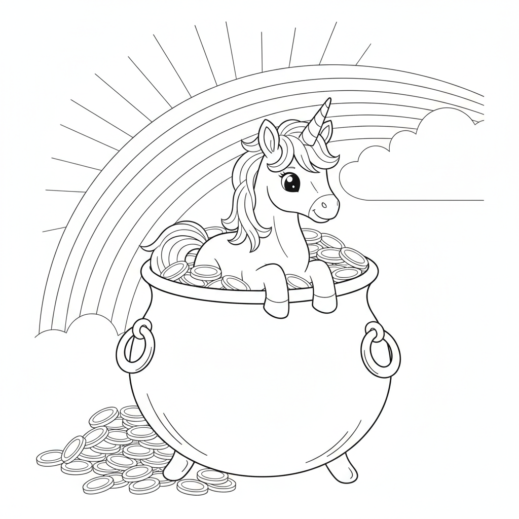 Cute Unicorn in a Pot of Gold — Free Coloring Page for Kids