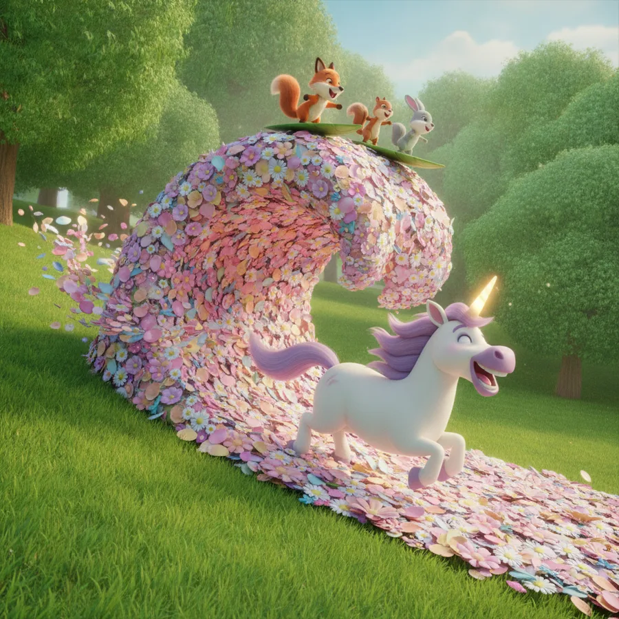 Diese bezaubernde Szene zeigt ein fröhliches Einhorn, das über eine lebhafte Blumenwelle läuft. Die großen Blumenflächen sind einfach zu kolorieren, während die Details des Einhorns eine spaßige Herausforderung bieten.
