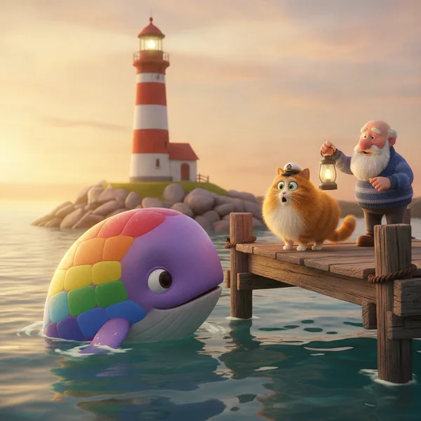 Escena de Atardecer con Ballena Arcoíris — Dibujos de Ballenas para Colorear — Gratis para Imprimir