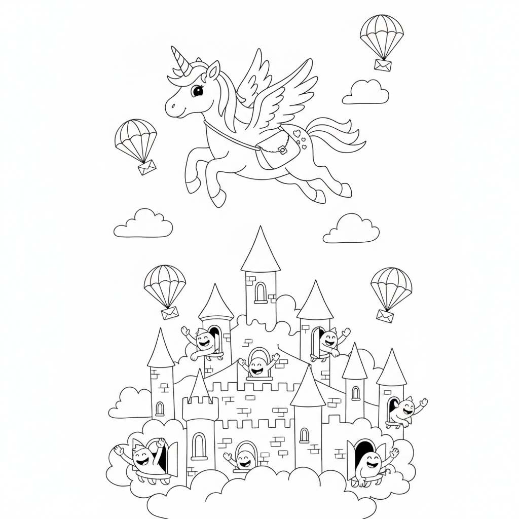 Fluffy Cloud Landscape with Unicorn — Free Coloring Page for Kids