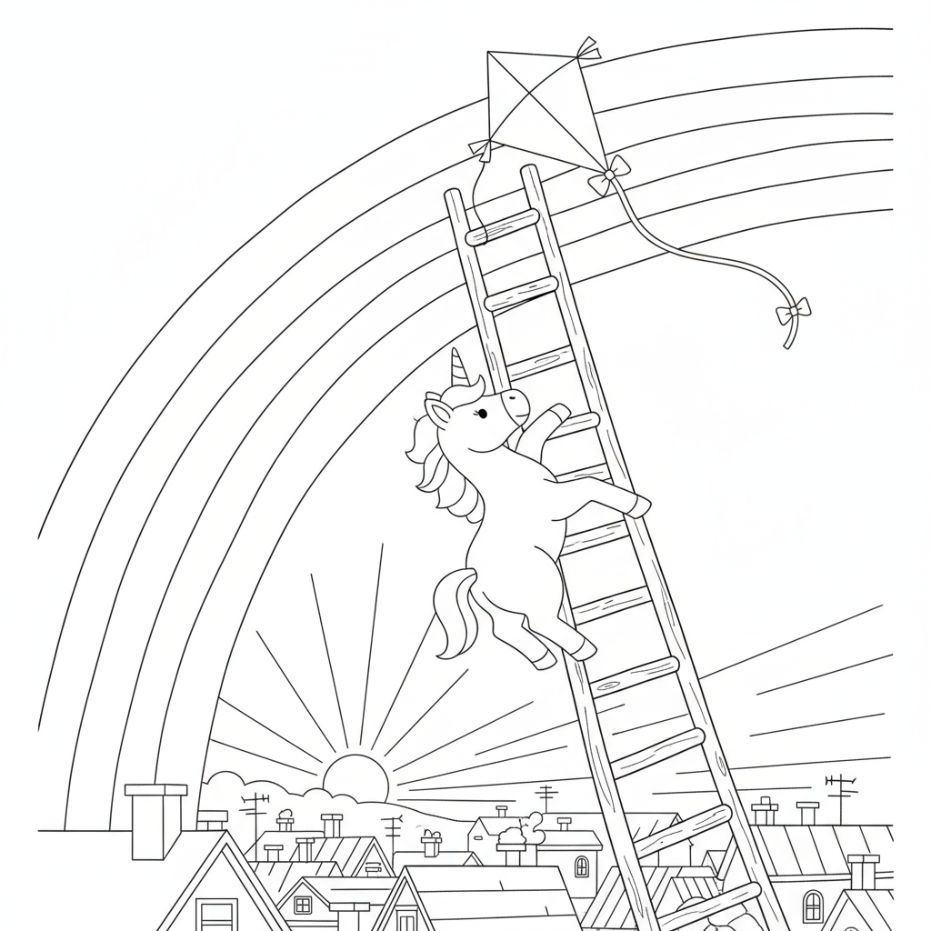 Unicórnio Fofo Subindo uma Escada Arco-Íris — Desenho de Unicórnio para Colorir — Grátis
