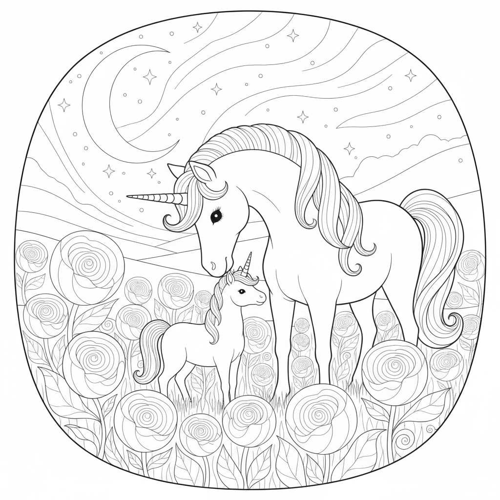 Ciel Crépusculaire de Rêve avec Licornes — Coloriage Licorne — Gratuit à Imprimer