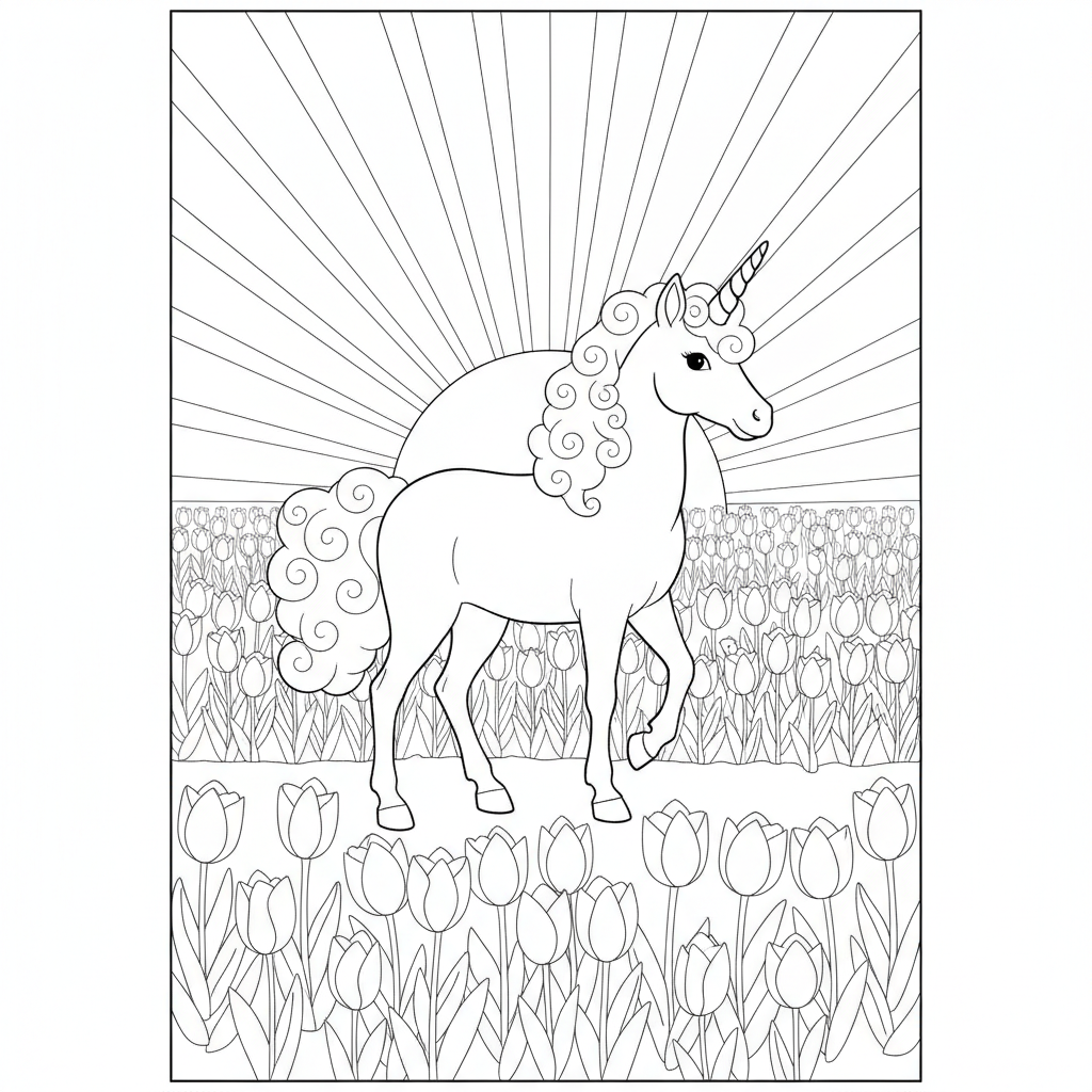 Vibrant Tulip Field with a Cute Unicorn — Free Coloring Page for Kids coloring page