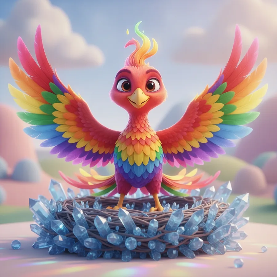 Dieses Ausmalbild zeigt einen bunten Cartoon-Vogel in einem Nest. Die einfachen Bereiche sind der Himmel und die Hügel, während die Federn eine unterhaltsame Herausforderung bieten.