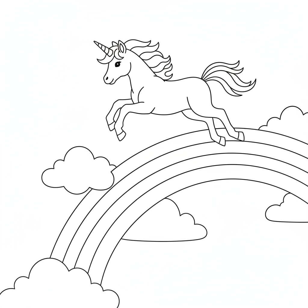 Joyful Unicorn Leaping Across a Colorful Sky — Free Coloring Page for Kids