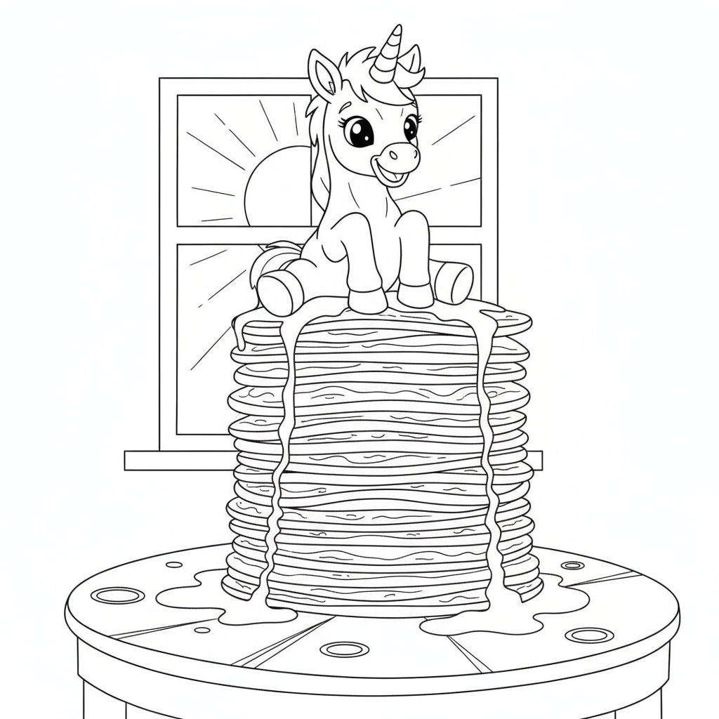 Cute Unicorn with Rainbow Pancakes — Free Coloring Page for Kids