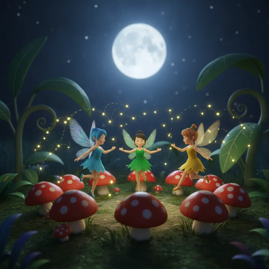 This enchanting coloring page features three joyful fairies dancing around whimsical mushrooms. The large areas of the fairies' wings are easy to color, while the intricate details of the mushrooms offer a fun challenge.