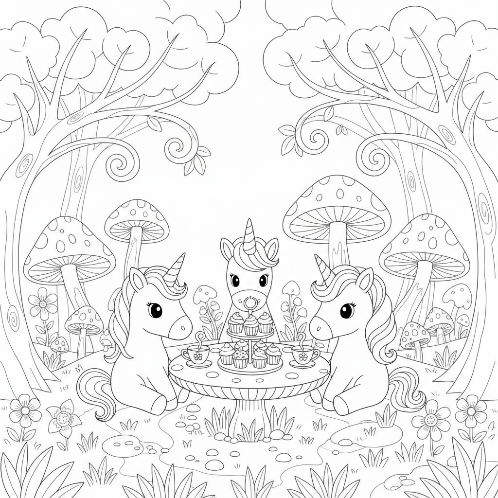 Adorable Unicorns at a Magical Tea Party — Free Coloring Page for Kids